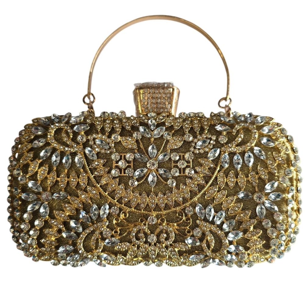 Gold Rhinestone Filigree Evening Clutch Bag Detachable Chain Formal Minaudiere - Picture 3 of 9